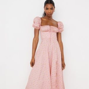 Size M House of CB Tallulah Pink Floral Puff Sleeve Midi Dress